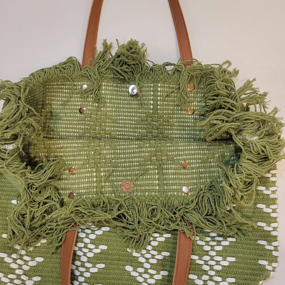 Green Fringe Woven Tote Bag with White Accent